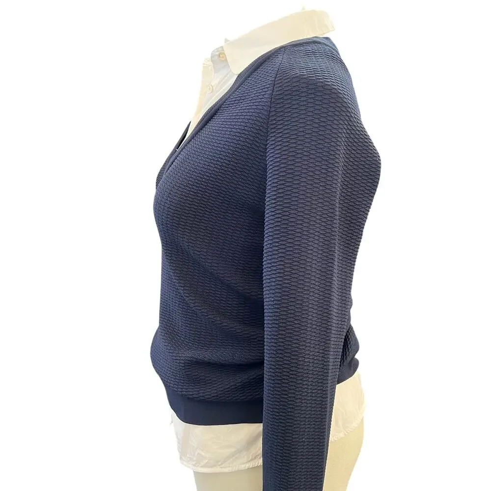 Tory Burch Large Blue Layered Sweater Faux Button Up Shirt Preppy Knit EUC